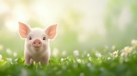 Adorable pink piglet standing in green spring meadow with white daisies, smiling at camera. Natural soft bokeh background creates magical farm atmosphere.