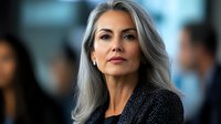 Professional blonde businesswoman in elegant black blazer with confident expression in modern corporate office environment for business presentations.