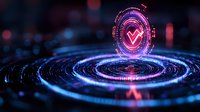 Glowing pink and blue futuristic hologram circle with digital data streams floating above spiral light trails against dark background with bokeh effects.