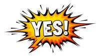 Comic book style explosion burst with YES text in bold letters on vibrant orange and yellow background with dynamic radiating lines and spikes.