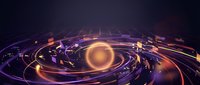 Glowing golden spiral vortex with neon purple and orange light trails on dark background, representing digital technology, data flow, and futuristic energy.