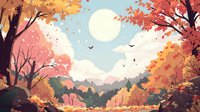 Dreamy autumn landscape with vibrant orange and red foliage, mountains in the distance, and a full moon in a pastel sky.