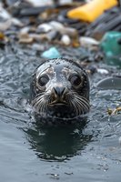 Curious seal pup swimming in polluted water with plastic debris, environmental conservation concept showing marine wildlife impact from ocean pollution.