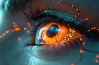 Extreme close-up of glowing amber eye with long eyelashes surrounded by sparkling orange light particles against dark teal background.