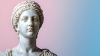 Classical marble bust sculpture against gradient pink and blue background, featuring detailed facial features and traditional Roman hairstyle. Ancient art concept.