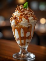 Layered caramel sundae with whipped cream, crushed nuts, and mint garnish drizzled with salted caramel sauce in glass dessert cup on wooden table with bokeh background.