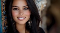 Young woman with long black hair and warm brown eyes smiling at camera, leaning against rustic blue textured wall, wearing dangling earrings, suitable for beauty, lifestyle and portrait projects.