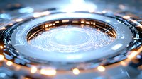 Futuristic circular technology pattern with glowing light trails and bokeh effects. Abstract digital interface design featuring spiral motion and metallic elements.