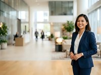 Young Southeast Asian woman in navy blazer and white blouse standing confidently in modern office lobby with glass partitions and greenery, suitable for corporate, business, and professional themes.