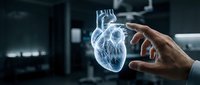 Medical professional examining holographic heart model in modern healthcare technology laboratory for cardiology research and diagnosis.