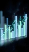 Holographic financial chart with glowing bar graphs and upward trending lines displaying stock market data and growth analytics on dark background.