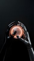 Robotic hands holding glowing copper sphere against dark background, representing artificial intelligence, future technology, innovation and digital transformation for tech concepts.
