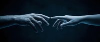 Two hands reaching toward each other against a dark blue background, fingertips nearly touching, evoking connection, unity, and human bond.