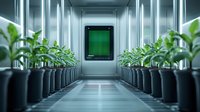 Futuristic indoor plant growing facility with rows of seedlings in black pots along illuminated corridor leading to green monitoring screen, modern agriculture concept.