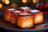 Golden brown French toast cubes dusted with powdered sugar on dark plate against blurred warm bokeh background, close up view of caramelized breakfast dessert.