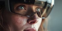 Young woman with freckles wearing protective safety goggles in industrial or laboratory setting with focused expression and professional lighting.