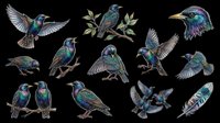 Iridescent starling birds clipart set isolated on transparent background, ready for t-shirt design, stickers, print on demand, and sublimation projects.