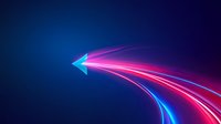 Glowing neon light trails curve and merge into arrow shape on dark blue background, creating dynamic motion effect for technology and business concepts.