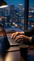 Businessman working late on laptop in modern office with city lights bokeh background. Professional overtime work concept for corporate productivity and dedication.