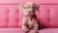 Adorable pit bull puppy with pink nose and blue eyes sitting on bright pink tufted sofa. Perfect for pet adoption campaigns or animal care content.