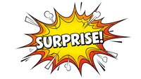 Comic book explosion burst with surprise text in bright yellow orange colors isolated on white background for graphic design and print projects.