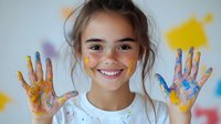 Young Caucasian girl with messy paint on face and hands smiling brightly at camera, wearing white t-shirt against light background with colorful paint splashes. Creative art education.