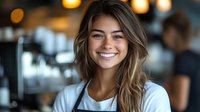 Young attractive woman with long wavy blonde hair smiling warmly in modern cafe or restaurant setting with soft bokeh lighting in background.