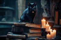 Black cat with glowing blue eyes sits on stack of old books next to burning candles in mystical dark atmosphere, creating magical Halloween mood.