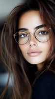Young attractive woman with stylish eyeglasses and long brown hair looking at camera. Natural makeup and confident expression for fashion and lifestyle content.