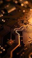 Golden circuit board with intricate pathways and warm bokeh lights creating abstract technology background for digital innovation concepts.