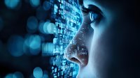 Young woman face in profile with digital code projection, glowing blue technology background with binary numbers and bokeh lights creating futuristic atmosphere.