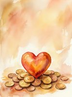 Watercolor heart surrounded by golden coins on warm beige background, symbolizing love, wealth, and charity for greeting cards or posters.