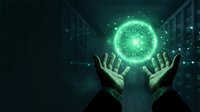 Hands holding glowing green digital sphere with circuit patterns in dark tech environment, representing innovation, data processing, technology solutions, and digital transformation concepts.