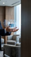Businessman in formal attire holding holographic smart policy interface with security and data icons in modern office environment with furniture and windows.