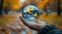 Glowing planet Earth floating above open palm against blurred autumn background with golden foliage, environmental conservation concept for sustainable future.