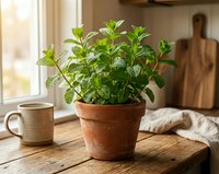 Fresh mint herb plant in terracotta pot on rustic wooden table by kitchen window. Natural home gardening and cooking ingredients concept.