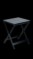 Compact black camping table with X-frame design, aluminum slat top, and folding legs isolated on transparent background. Ready for outdoor furniture clipart, print-on-demand products, and design use.