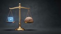 Golden brass scales of justice balancing artificial intelligence cube against human brain on dark background for legal technology concepts.