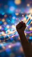 Raised fist silhouette against vibrant bokeh lights background symbolizing strength, determination, victory and empowerment for motivational designs.