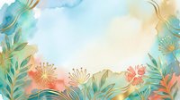 Soft watercolor floral border with gold line art flowers and leaves in teal, coral, and peach tones, with a light center copy space.
