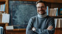 Confident male professor in glasses and turtleneck sweater standing with arms crossed in classroom, smiling warmly against chalkboard and bookshelf background.