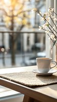 Coffee cup on windowsill with cherry blossom branches in vase, morning sunlight streaming through window, cozy minimalist atmosphere on textured placemat.