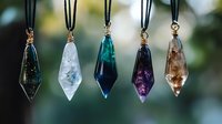 Five colorful crystal pendant necklaces hanging on black cords featuring gemstone drops in green, clear, teal, purple and amber tones for jewelry making.