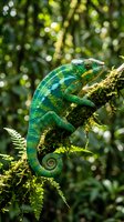 Vibrant green chameleon perched on moss-covered branch in tropical rainforest with soft bokeh background for wildlife and nature photography projects.