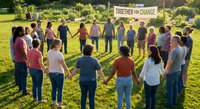 Diverse group of people holding hands in circle outdoors with Together for Change banner promoting unity, teamwork and community activism.
