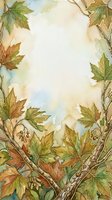 Watercolor autumn leaves frame with vine branches and seasonal foliage in warm fall colors, ideal for greeting cards, invitations, and seasonal design projects.