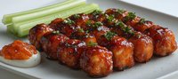 Glazed chicken meatballs garnished with fresh herbs, served with celery sticks and creamy dipping sauce on white rectangular plate, close up view of appetizer.