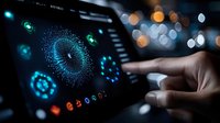 Futuristic touchscreen interface with glowing blue circular data visualization patterns and finger interaction against dark background with bokeh lights.