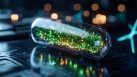 Glowing green particles trapped in glass tube with magical bokeh lights, creating mystical laboratory atmosphere on dark background with scientific equipment.