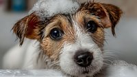 Adorable wet Jack Russell terrier puppy with soap bubbles during bath time, looking directly at camera with expressive brown eyes and droopy ears.